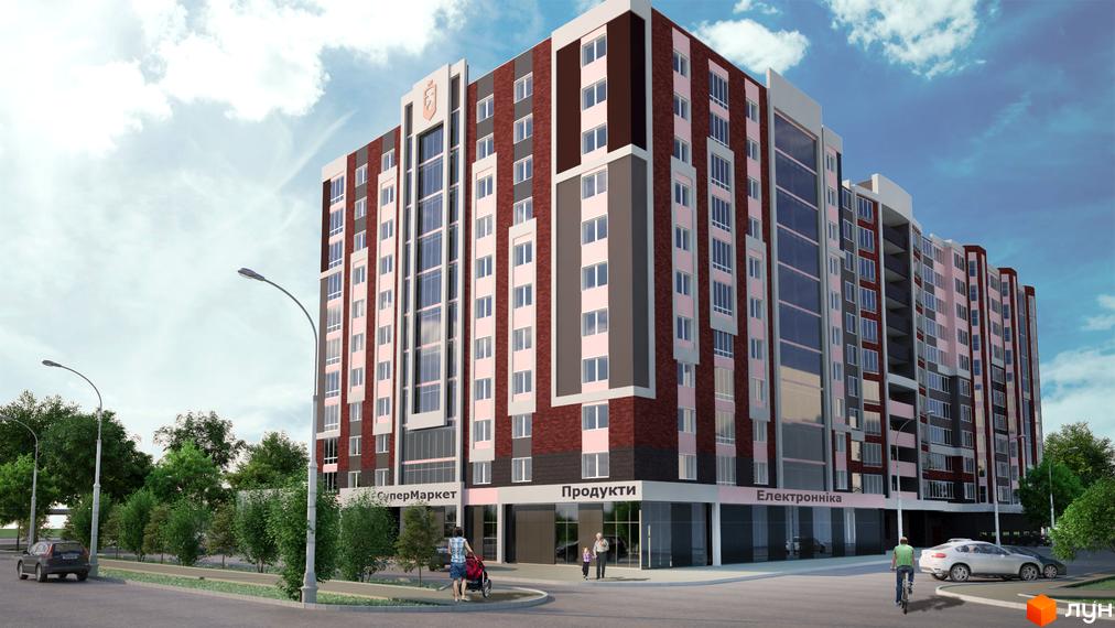 Зовнішній вигляд житлового комплексу Львівський з цегляним фасадом та великими вікнами. Навколо будинку зелені насадження та дорога.