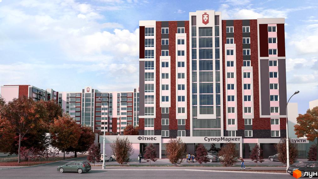 Житловий комплекс Львівський: фасади з цегляними та рожевими елементами, панорамні вікна. Навколо зелені дерева та припарковані автомобілі.