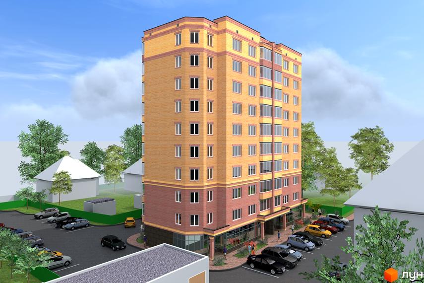 Новобудова ЖК Ірпінь Парк із жовтої та червоної цегли, з великою кількістю вікон та балконів. На прибудинковій території розташовані автомобілі та зелені насадження.