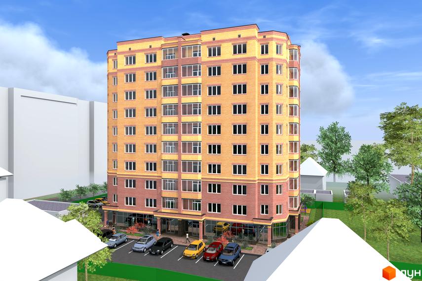 Зовнішній вигляд новобудови ЖК Ірпінь Парк з цегляним фасадом та великою кількістю вікон. Прибудинкова територія з парковкою та зеленими насадженнями.