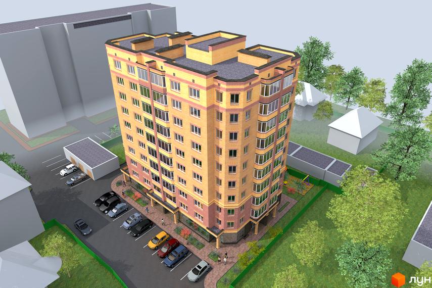 Зовнішній вигляд багатоповерхового будинку ЖК Ірпінь Парк з жовтою цегляною облицовкою та балконами. На прибудинковій території розташовані парковка та дитячий майданчик.