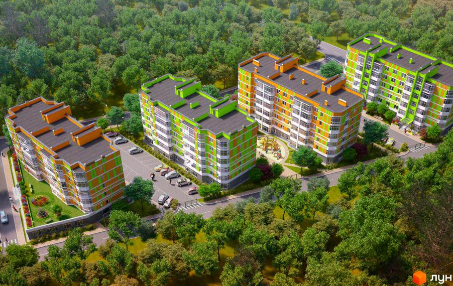 Житловий комплекс Позитив - це сучасна новобудова з яскравим фасадом та зеленою прибудинковою територією. На території розташовані дитячі майданчики та зони відпочинку.