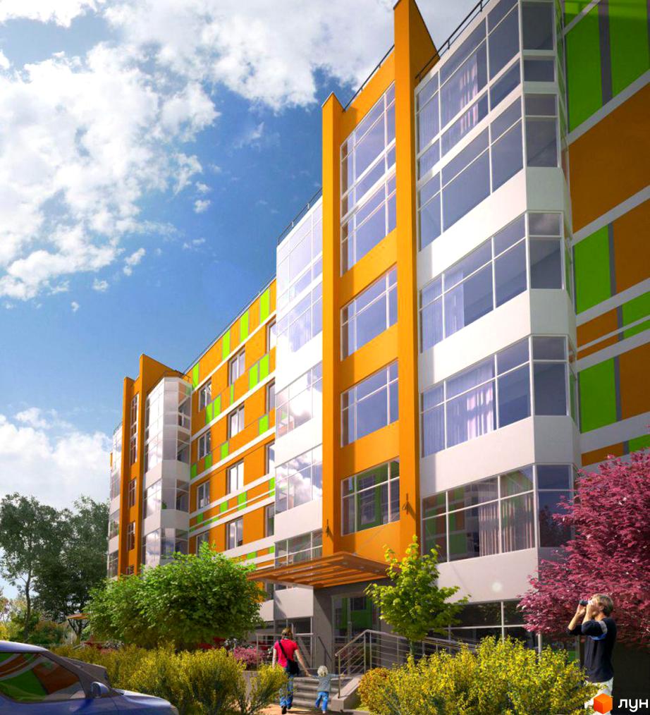 Житловий комплекс Позитив – яскрава новобудова з панорамними вікнами та зеленими елементами фасаду. Навколо будинку розташовані дерева та кущі, а біля входу – сходи та пандус.