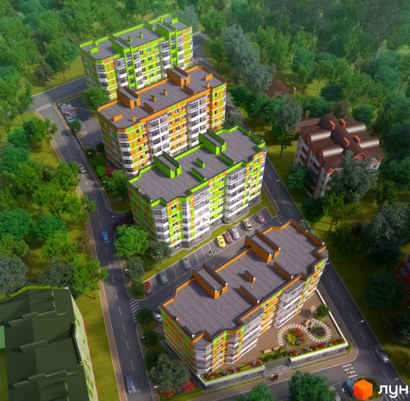 Житловий комплекс Позитив: три багатоповерхові будинки з яскравим фасадом у зелено-оранжевих кольорах, розташовані серед дерев. Прибудинкова територія з доріжками, парковкою та зоною відпочинку.