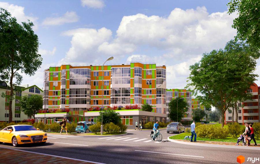 Житловий комплекс Позитив: яскрава фасадна частина будинку з панорамними вікнами та зелено-оранжевими елементами. На прибудинковій території розташовані дерева, кущі та пішохідні доріжки.