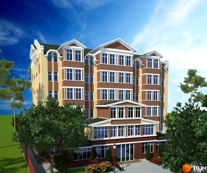 Фасад багатоквартирного будинку з коричневими та бежевими елементами, численними вікнами та зеленими деревами навколо. Опис комплексу на вул. Шевченка, 22б.