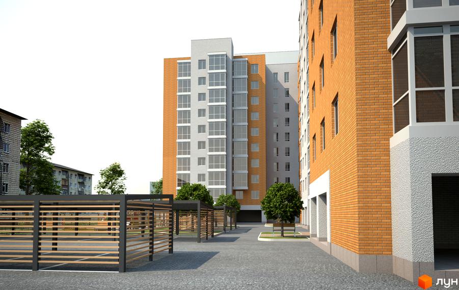 Житловий комплекс Добробут: багатоповерхові будинки з цегляним фасадом та скляними балконами. На прибудинковій території розташовані навіси для автомобілів та зелені насадження.