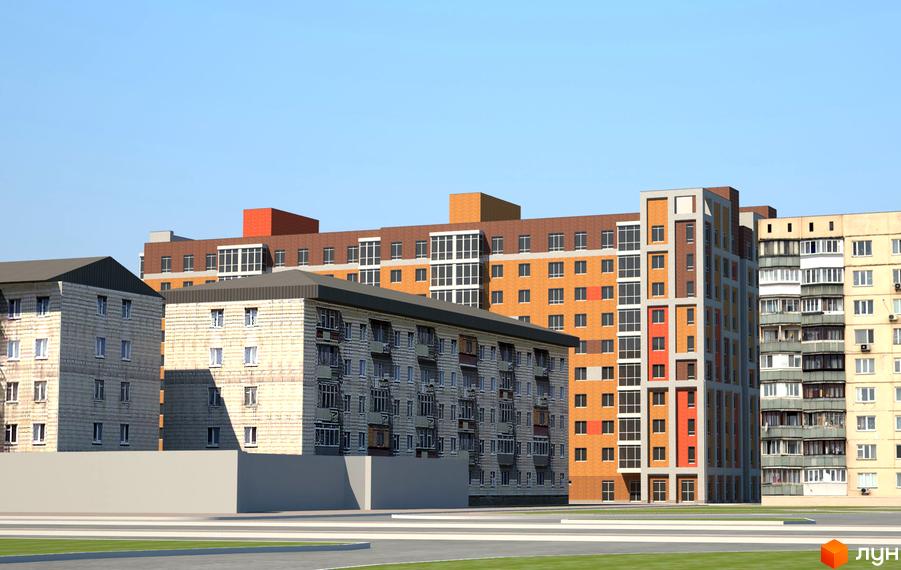 Житловий комплекс Добробут. Зовнішній вигляд багатоповерхових будинків з цегляним оздобленням фасаду та балконами. Навколо будівель видно зелену зону та дорогу.