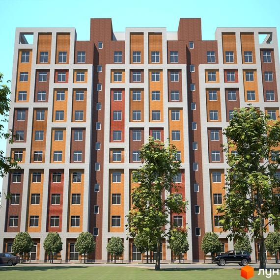 Новобудова ЖК Добробут з фасадом з цегли та панорамними вікнами. Перед будинком зелена зона з деревами та доглянутою територією.