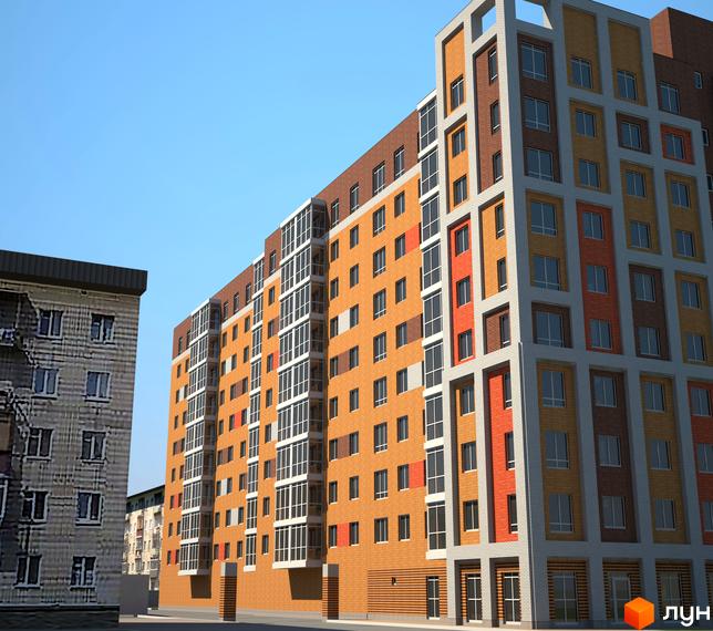 Житловий комплекс Добробут - це багатоповерховий будинок з яскравим фасадом з цегли оранжевого, жовтого та білого кольорів. Будинок має багато вікон та скляних балконів.