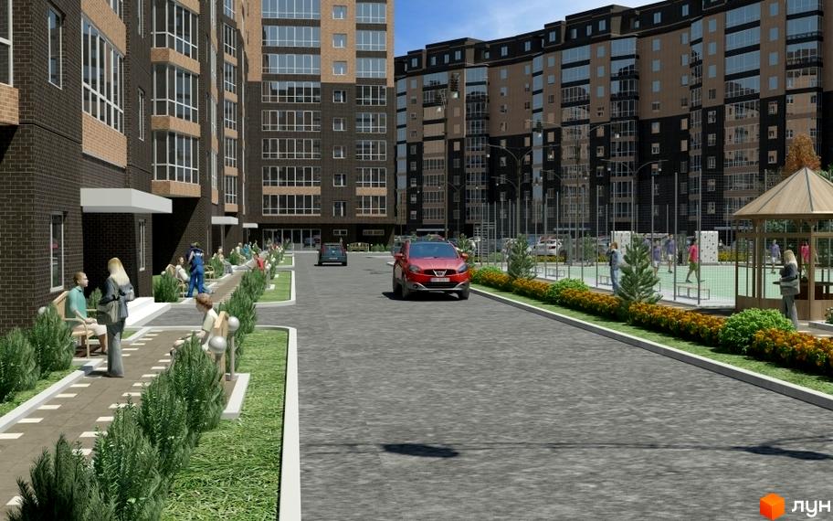 Житловий комплекс Набережний квартал: вигляд новобудови та прибудинкової території з ландшафтним дизайном, де гуляють люди та їздить червона машина.