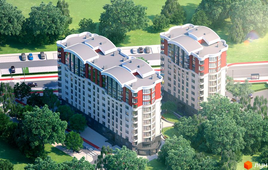 Житловий комплекс Черрі Таун. Зовнішній вигляд будинків з червоними елементами та сірими дахами, прибудинкова територія з деревами та парковкою.