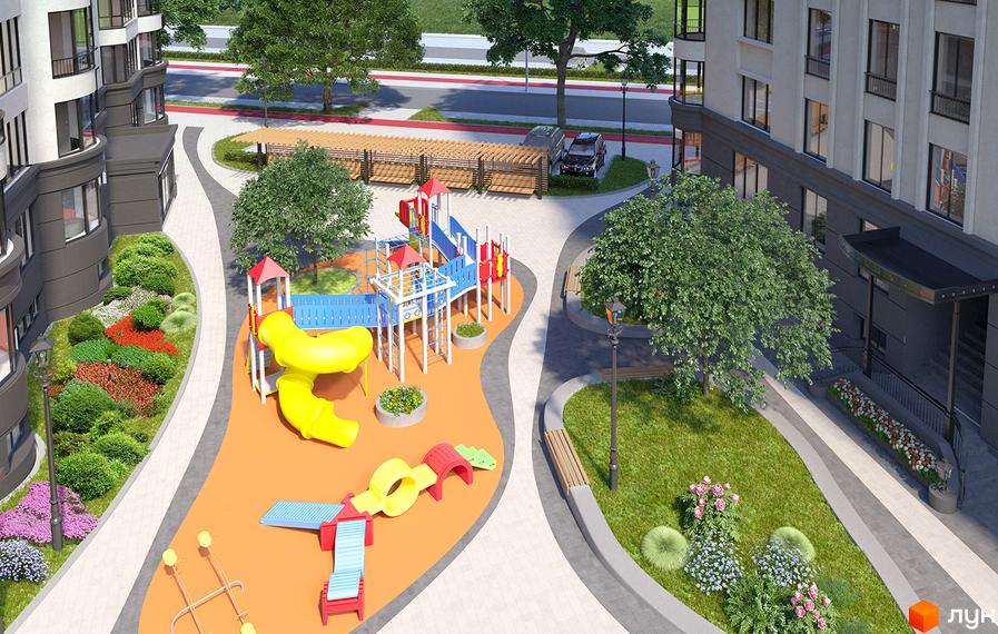Житловий комплекс Cherry Town: дитячий майданчик з гірками та гойдалками, зелені зони з квітами та деревами, сучасні будинки. Затишна прибудинкова територія для відпочинку.