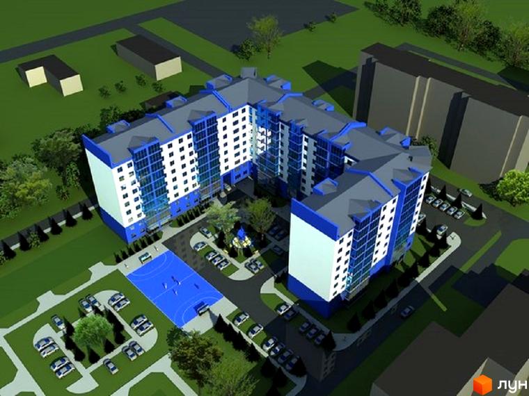 Житловий комплекс Еліт хол – це сучасна новобудова з синьо-білим фасадом та великими вікнами. Територія навколо будинку облаштована спортивним майданчиком та парковкою.