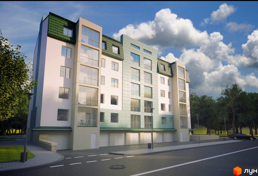 Житловий комплекс Затишний - фасади будинку з великими вікнами та зеленою покрівлею. Поруч дорога та дерева.