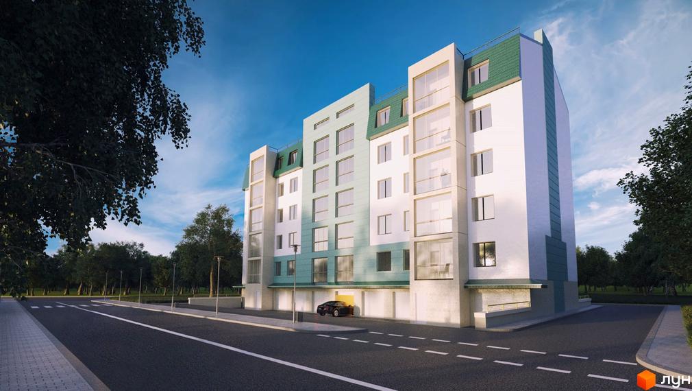 Зовнішній вигляд житлового комплексу Затишний з білими та блакитними фасадами та зеленим дахом. Поруч дорога та дерева.