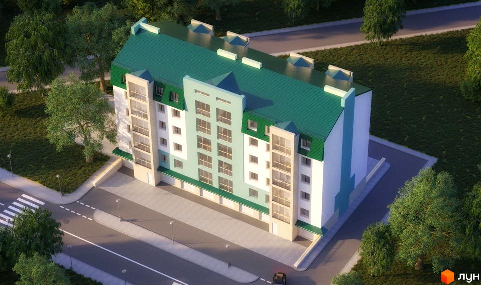 Зовнішній вигляд новобудови ЖК Затишний з зеленим дахом та світлими фасадами. Навколо будинку розташована прибудинкова територія з деревами та дорогою.