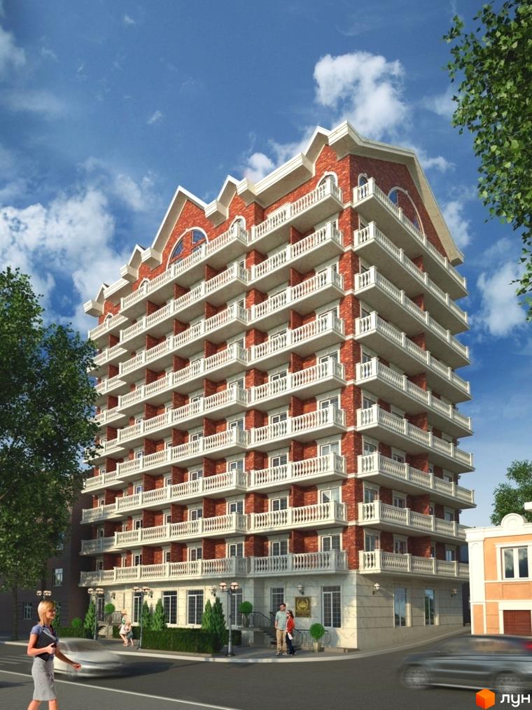 Зовнішній вигляд ЖК Британський дім з червоної цегли з білими балконами та великими вікнами. Навколо будинку зелені насадження та міська вулиця.