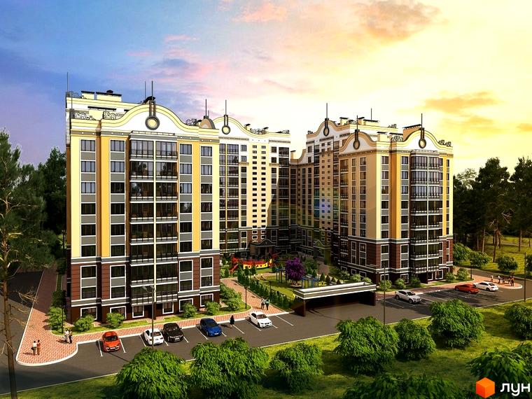 Житловий комплекс Фаворит - багатоповерхові будинки жовто-коричневого кольору з великими вікнами. На прибудинковій території розташовані парковка, зелені насадження та дитячий майданчик.