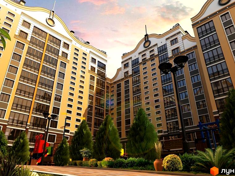 Житловий комплекс Фаворит - фасади будівель з великою кількістю вікон та балконів. Прибудинкова територія з деревами та дитячим майданчиком.