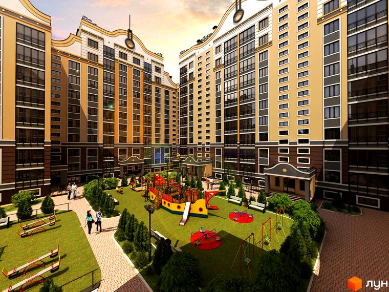 Житловий комплекс Фаворит: фасади будівель у жовто-сірих тонах та дитячий майданчик з ігровими зонами.