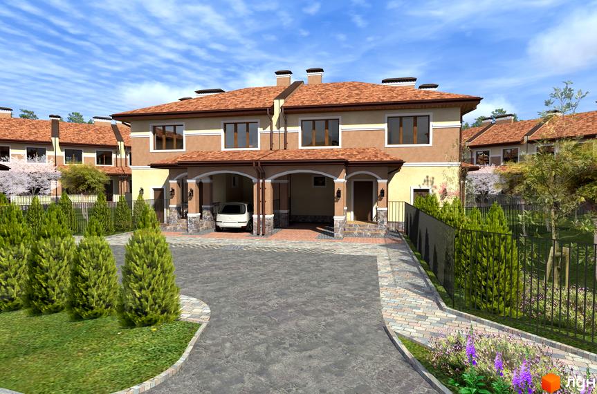 Еко-поліс Оксамит: фасади двоповерхових будинків з червоним черепичним дахом та прибудинкова територія з зеленими насадженнями та парканом. Фото новобудови.