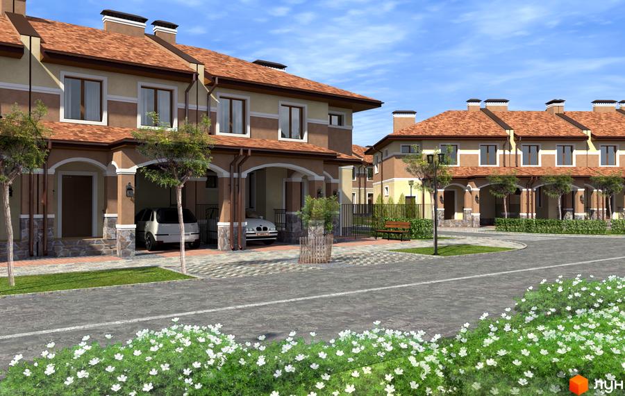 Еко-поліс Оксамит: фасади двоповерхових будинків з коричневими черепичними дахами та арковими навісами. Прибудинкова територія з доглянутими газонами, деревами та квітниками.