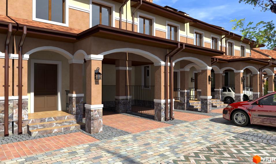 Еко-поліс Оксамит. Зовнішній вигляд таунхаусів з арками та колонами, вимощені доріжки та припарковані автомобілі. Будівельний проєкт з індивідуальними гаражами.