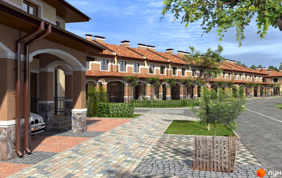 Еко-поліс Оксамит: фасади будинків з коричневою черепицею та арками, вимощені доріжки та зелені насадження. Сучасний житловий комплекс з доглянутою прибудинковою територією.