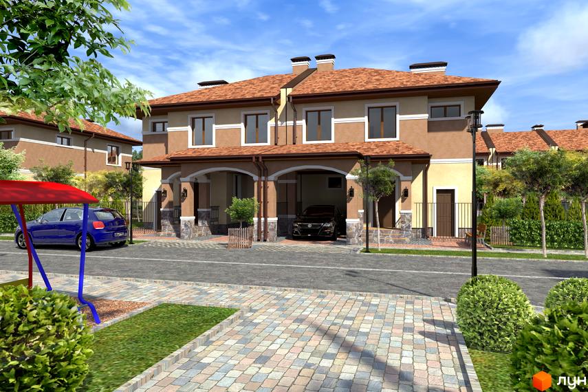 Еко-поліс Оксамит: фасади будинків та прибудинкова територія з автомобілями та дитячим майданчиком. Комплекс з цегляним оздобленням та червоним черепичним дахом.