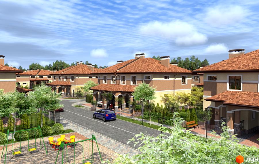 Еко-поліс Оксамит: двоповерхові будинки з коричневими черепичними дахами та світлими фасадами. На території комплексу розташований дитячий майданчик та зелені насадження.