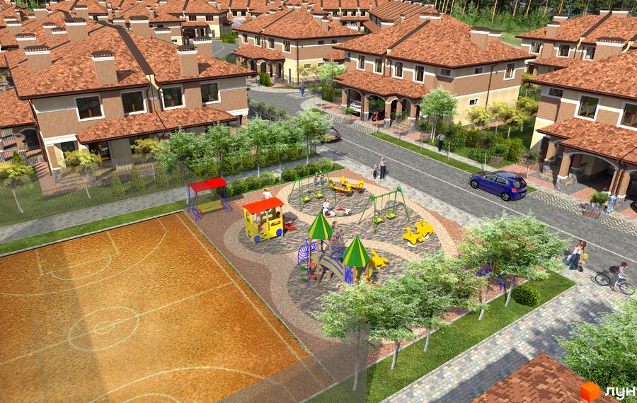 Еко-поліс Оксамит: комплекс двоповерхових будинків з коричневими дахами та дитячим майданчиком. Поруч розташований баскетбольний майданчик.