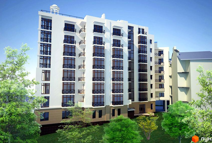 Житловий комплекс на вул. Кольберга, 3а, з сучасною архітектурою та зеленими насадженнями на прибудинковій території.