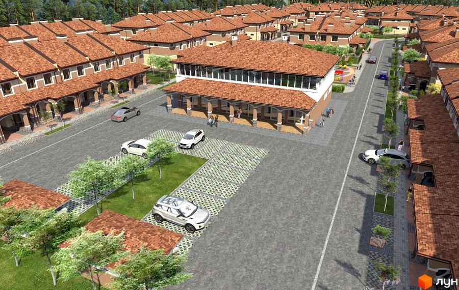 Еко-поліс Оксамит: вид згори на житловий комплекс з коричневими черепичними дахами та доглянутою прибудинковою територією з деревами та парковкою.