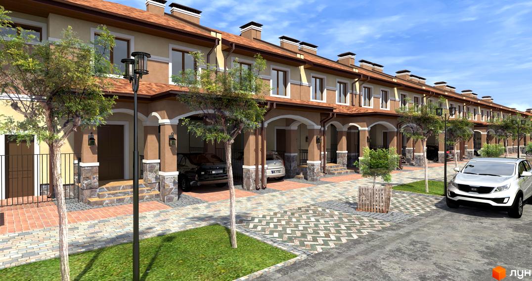 Зовнішній вигляд таунхаусів житлового комплексу Еко-поліс Оксамит з арками та паркомісцями. Прибудинкова територія з деревами та бруківкою.