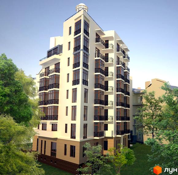 Зовнішній вигляд новобудови на вул. Кольберга, 3а. Багатоповерховий будинок світлого кольору з балконами та великими вікнами. Навколо будинку зелені дерева та газон.