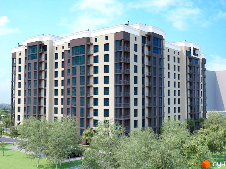 Зовнішній вигляд багатоповерхового житлового комплексу Зелений з сірими та бежевими фасадами, скляними балконами та зеленими деревами навколо. Фото новобудови.