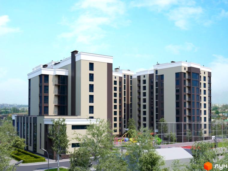 Зовнішній вигляд житлового комплексу ЖК Зелений, що складається з кількох секцій різної висоти. На прибудинковій території розташований дитячий майданчик та спортивна зона.