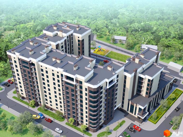 Зовнішній вигляд новобудови ЖК Зелений з багатоповерховими секціями та прибудинковою територією з дитячим майданчиком. Фото фасаду та території.