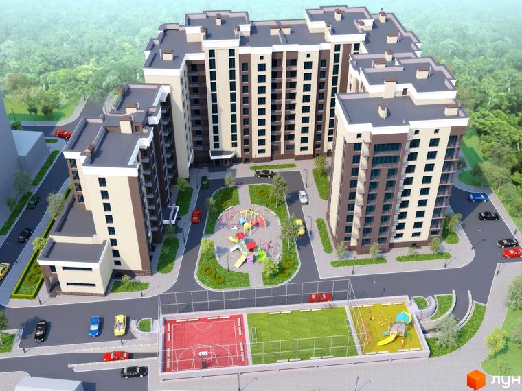 Житловий комплекс Зелений. Зовнішній вигляд будівель з коричневими та бежевими фасадами, балконами та великими вікнами. Прибудинкова територія з дитячим майданчиком, спортивними зонами та парковкою.