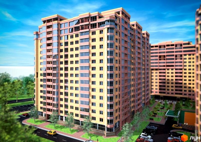 Житловий комплекс Княжий двір - сучасна багатоповерхова новобудова з великою кількістю вікон та балконів. На прибудинковій території розташовані зелені насадження та парковка.