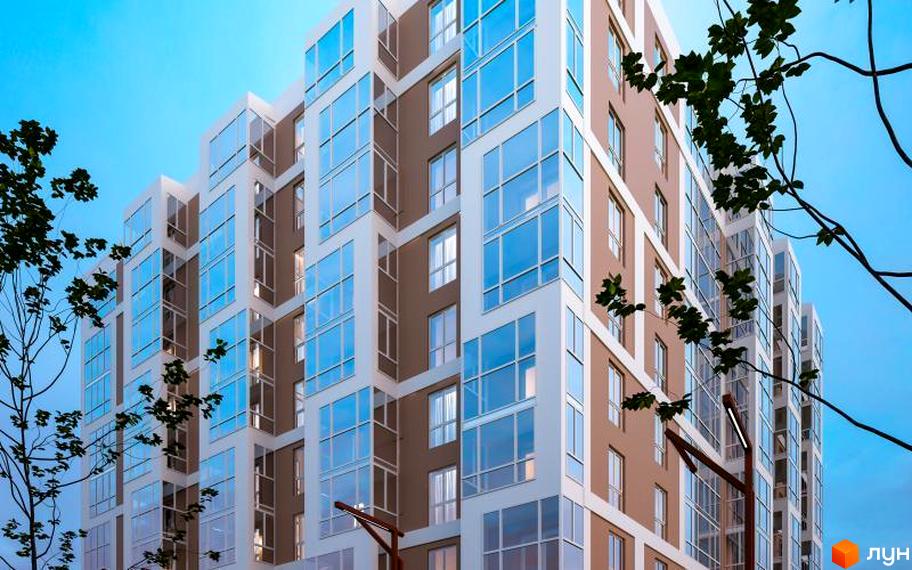 Новобудова на вулиці Володимира Стельмаха (Курчатова), 1б. Будинок має багато поверхів з великими вікнами та коричневими та білими фасадами. Навколо видно дерева.