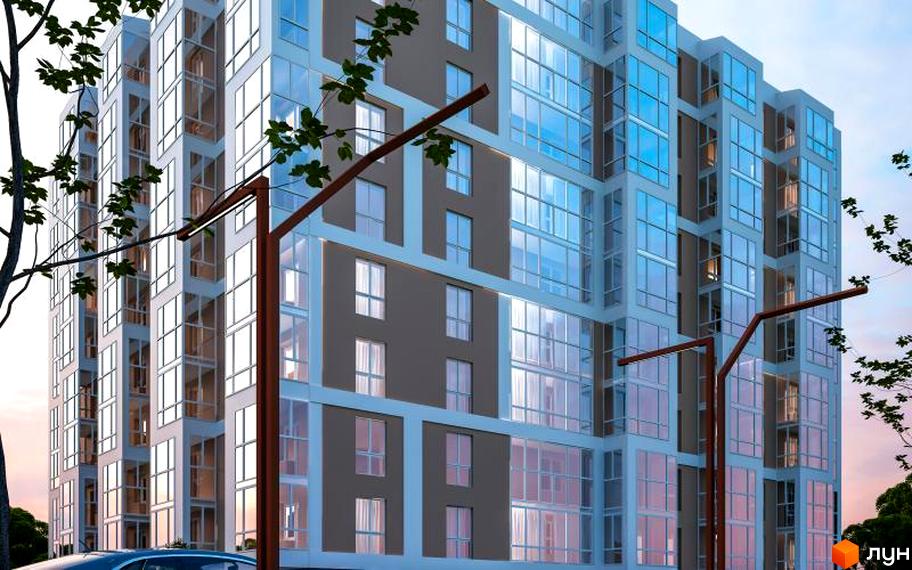 Новобудова на вул. Володимира Стельмаха (Курчатова), 1б. Багатоповерховий будинок з панорамними вікнами та сірими фасадами. Перед будинком стоять ліхтарі та видно дерева.