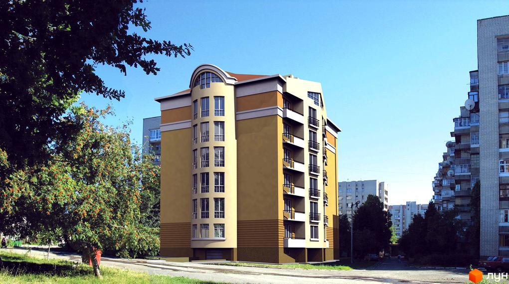 Зовнішній вигляд будинку на вул. Майорівка, 9 з жовтою фасадною обробкою та балконами. Прибудинкова територія з зеленими насадженнями та асфальтованою дорогою.