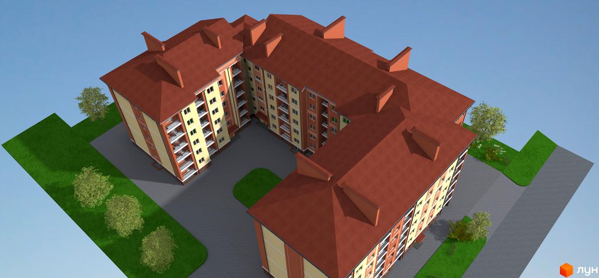 Зовнішній вигляд житлового комплексу Дворецький з червоним черепичним дахом та жовто-бежевими фасадами. Навколо комплексу зелена прибудинкова територія з деревами та доріжками.