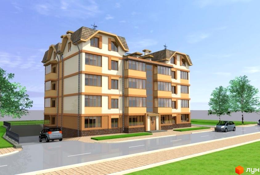 Зовнішній вигляд житлового комплексу на вулиці Коротка з автомобілями на дорозі та деревами. Опис новобудови з фасадом світло-бежевого та коричневого кольору.