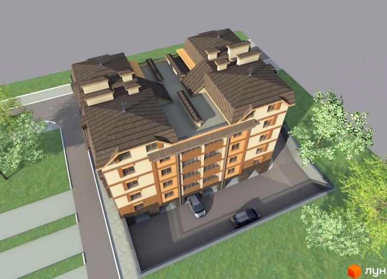 Зовнішній вигляд житлового комплексу на вул. Коротка з коричневим дахом та світлими фасадами. Навколо будинку зелена територія з деревами та парковкою.
