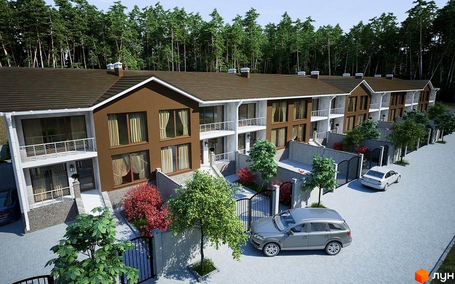 Таунхаус Комфорт Хаус – це двоповерхові будинки з коричневими фасадами та великими вікнами, розташовані серед дерев. Прибудинкова територія облаштована парканом та доріжками.