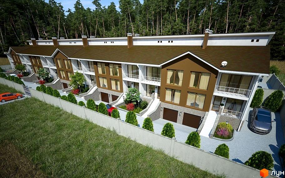 Таунхаус Комфорт Хаус – це сучасна новобудова з коричневим дахом та коричневими фасадами, з великими вікнами та балконами. На прибудинковій території розташовані гаражі, зелені насадження та доглянутий газон.