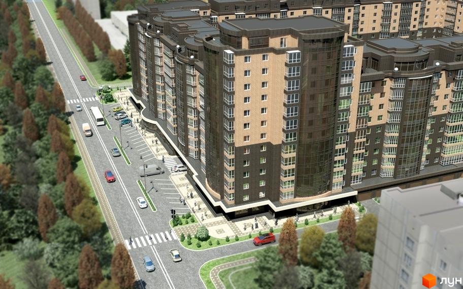 Зображення Житлового району Набережний квартал: багатоповерховий будинок з великими вікнами та прибудинковою територією з парковкою та зеленню.